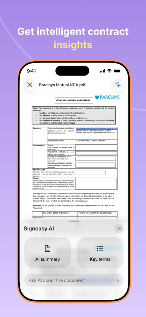 Signeasy－Sign Documents App - Benutzeroberfläche der Signeasy-App mit KI-gestützter Vertragszusammenfassung und Analyse wichtiger Klauseln für ein professionelles Dokument.