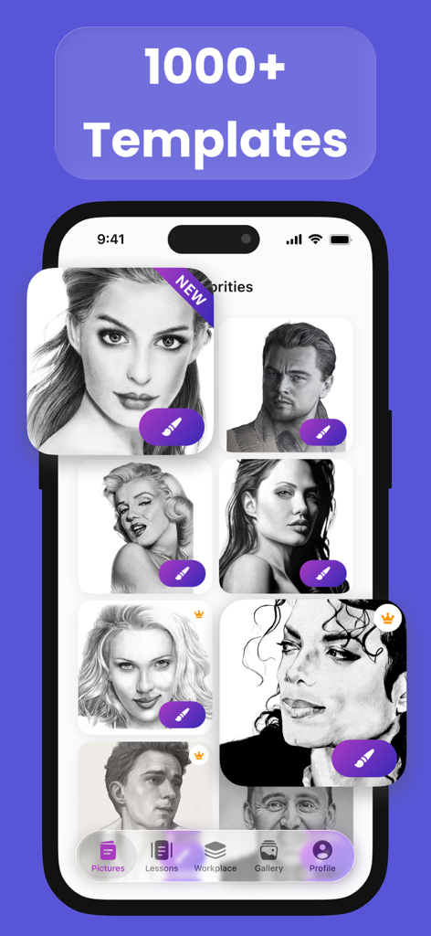 A smartphone screen displaying the AR Drawing app with over one thousand portrait templates of celebrities for tracing and sketching.