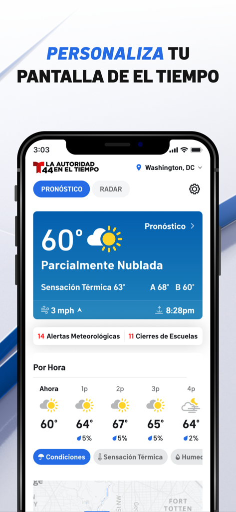 Telemundo 44 Washington - Telemundo 44 Washington mobile app weather screen showing local forecasts and alerts in Spanish