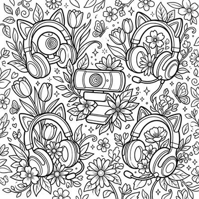 Dive into the fresh vibes of spring with this unique coloring page featuring webcams and headsets intertwined with beautiful blossoms. It's a delightful blend of technology and nature, perfect for a creative refresh and bringing joy to your day.