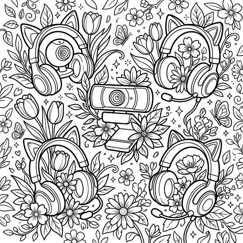 Dive into the fresh vibes of spring with this unique coloring page featuring webcams and headsets intertwined with beautiful blossoms. It's a delightful blend of technology and nature, perfect for a creative refresh and bringing joy to your day.