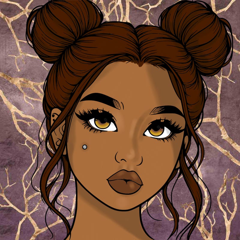 realistic girl with two buns on her hair and lips