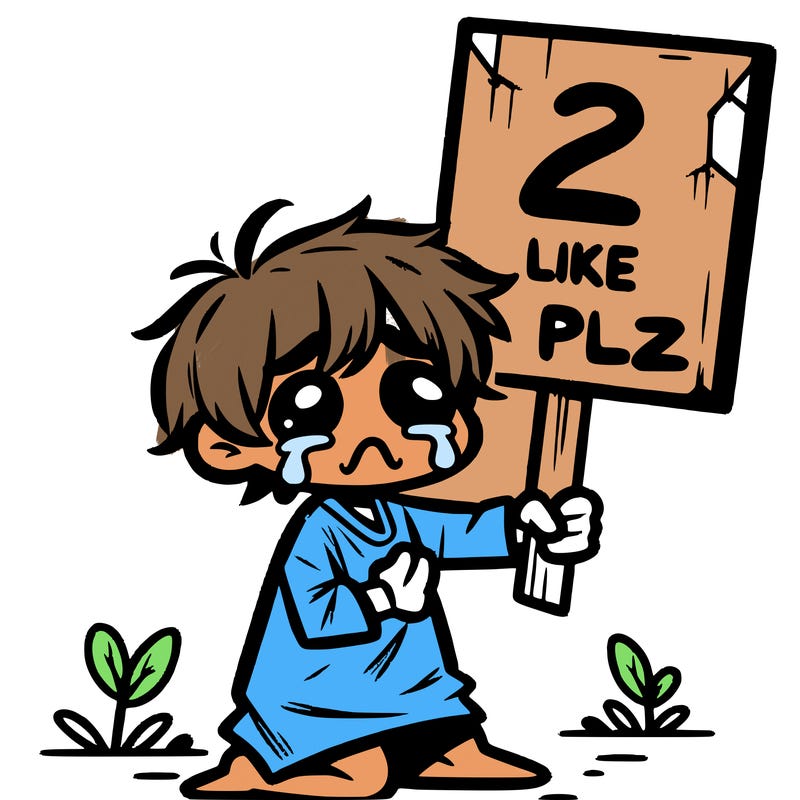 small poor toddler crying with sign that says 2 like plz