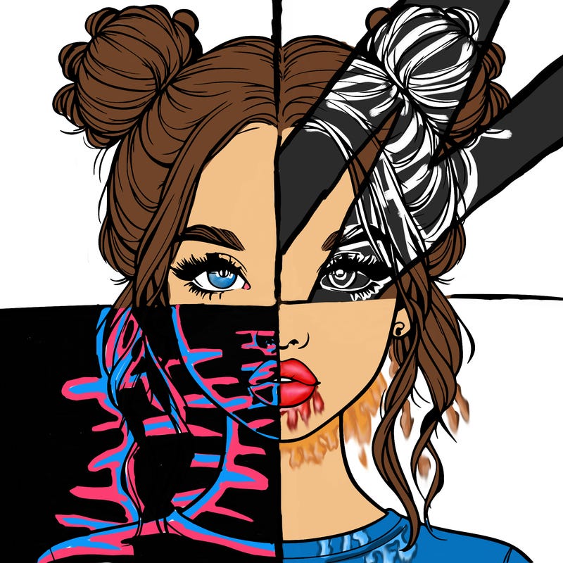 realistic girl with two buns in hair and lips