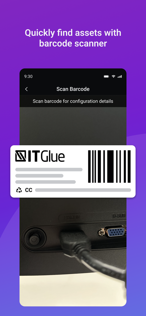IT Glue mobile app scanning a barcode on a computer to quickly identify and retrieve asset documentation