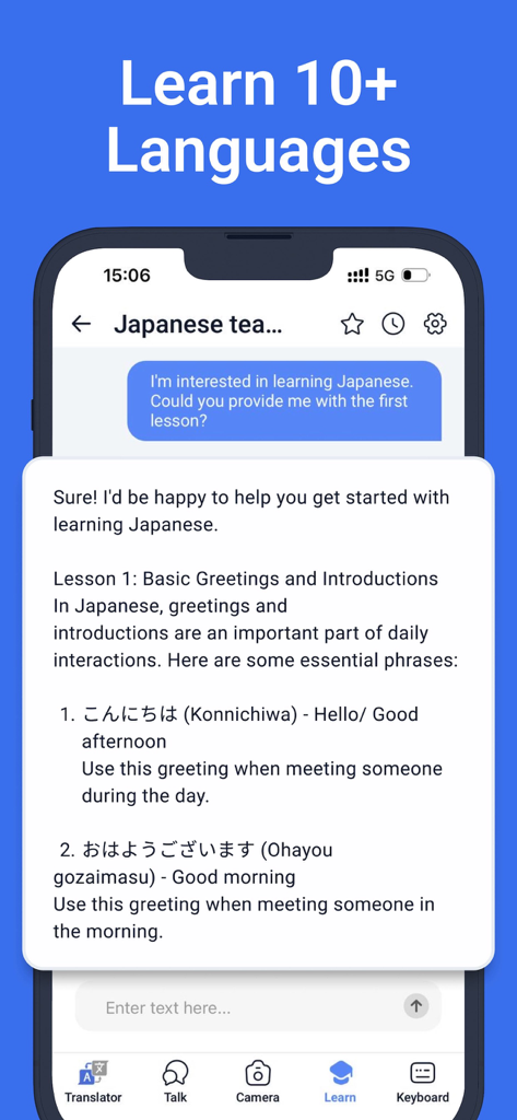 Screenshot of Translate AI app showing an interactive Japanese language lesson with basic greetings.