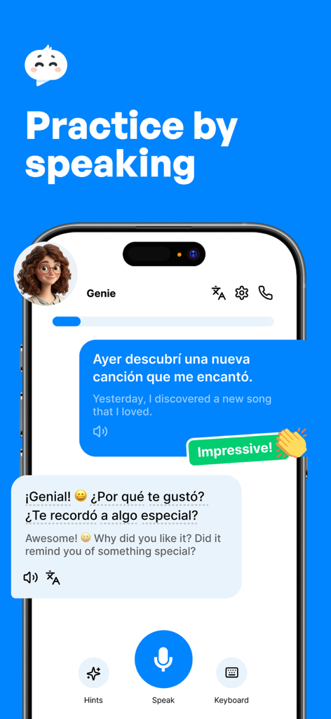 Langotalk-AI Language Learning - A mobile screen showing the Langotalk app voice interface for practicing Spanish with an AI tutor named Genie.