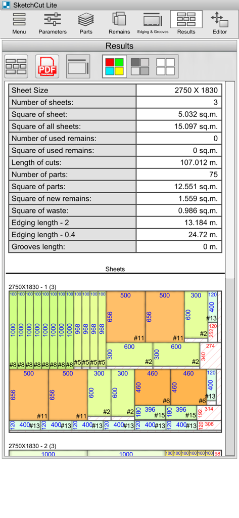 SketchCut Lite - SketchCut Lite results screen showing a sheet cutting layout and calculation statistics