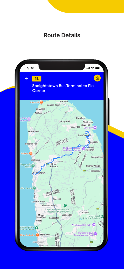 Transitbb - Transitbb app screen showing a bus route map from Speightstown to Pie Corner in Barbados