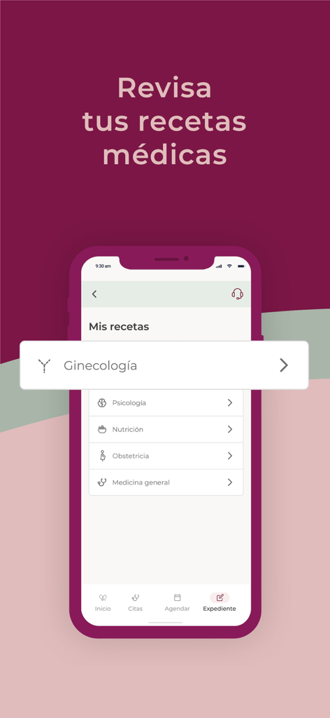 Plenna mobile app screen showing the medical prescriptions section with categories like Gynecology and Nutrition.