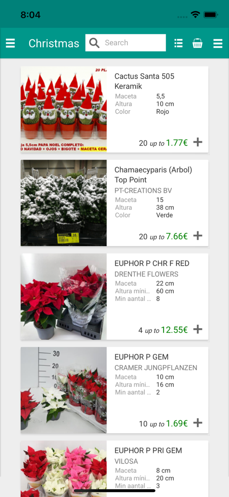 Verdnatura - Capture d'écran de l'application Verdnatura montrant une liste de produits pour les plantes et les fleurs sur le thème de Noël