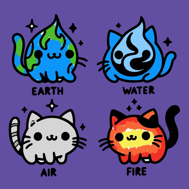 4 cats that represent the different elements, earth, water, air, and fire