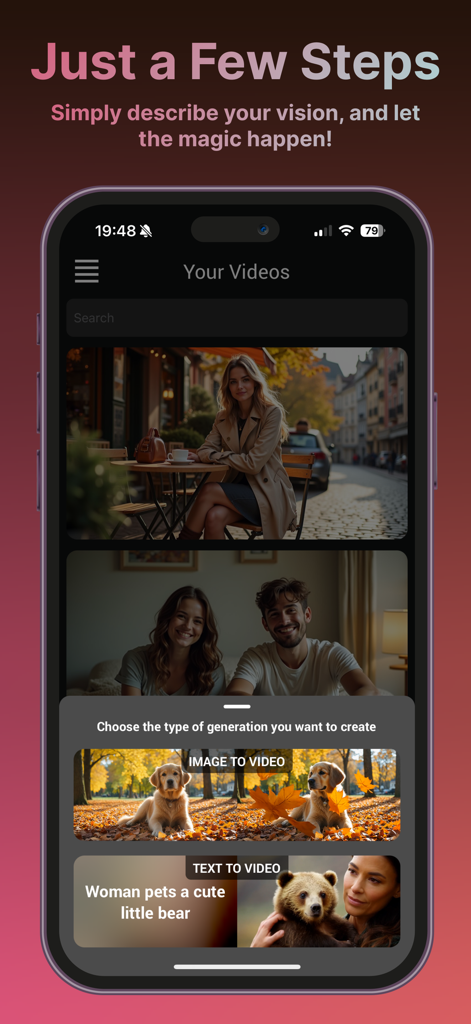 Movie Maker - PixMotion - Interface of PixMotion app displaying options to create videos from images or text