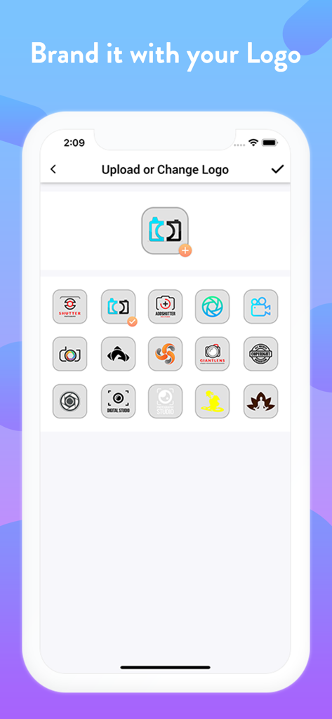 Add Logo Watermark on Photos - Interface of a mobile app showing a grid of logo options for watermarking photos