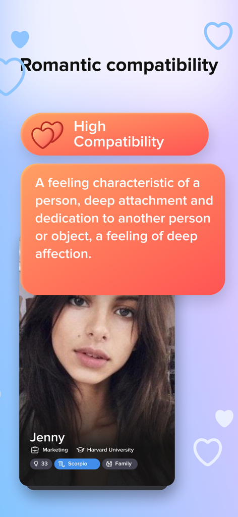 Merlin Dating app screen showing a high romantic compatibility rating and profile analysis for a user named Jenny