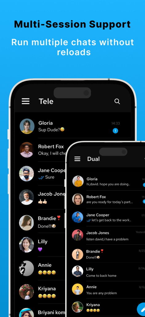 Interfaccia dell'app Tele Messenger che mostra il supporto multi-sessione per la gestione di account di chat multipli senza ricaricamenti.