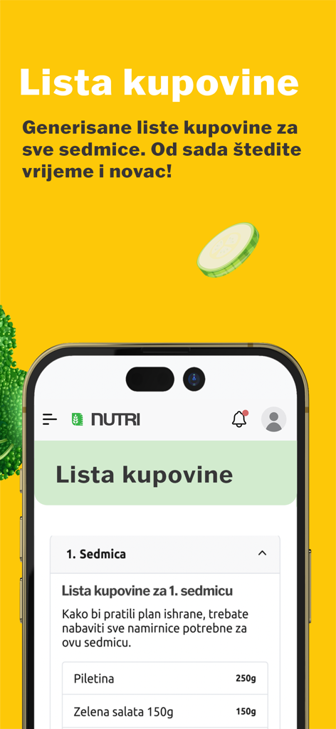 Nutri - Interfaz de la aplicación móvil Nutri que muestra una lista de compras semanal