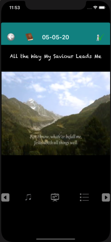 Christian Song - Christian Song app music player displaying a hymn and religious text over a mountain background