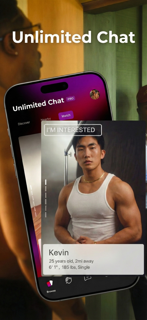 MASQ: AI Gay Dating & Chat - Screenshot of the MASQ app showing a profile card for an AI companion named Kevin with the headline Unlimited Chat PRO