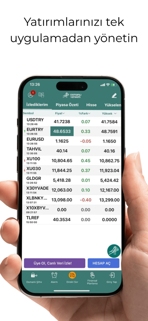 Osmanlı Mobil - Osmanli Mobil app showing real time financial market data and stock prices