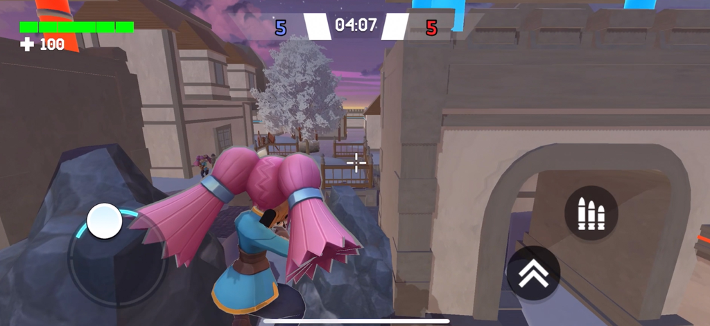 Venge Arena: Online Shooter - Third-person gameplay of a character with pink pigtails in Venge Arena