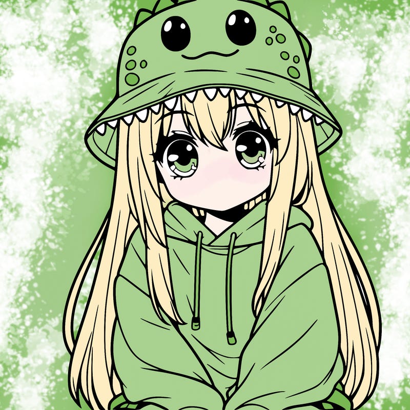girl with anime shaped eyes with a dinosaur bucket hat oversized sweatshirt long straight hair