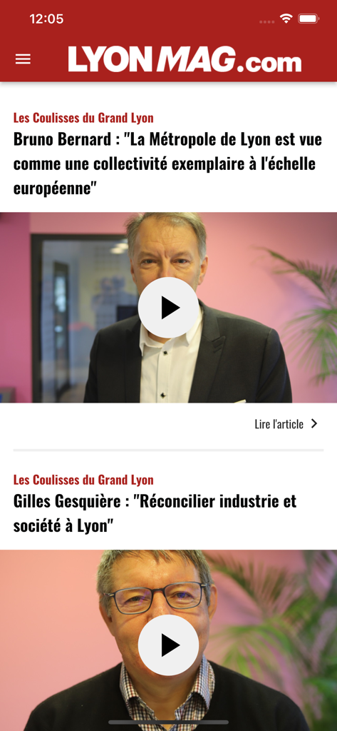Lyonmag - Screenshot of the Lyonmag mobile app showing local news headlines and video interviews
