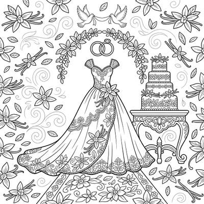 Discover the sweet elegance of a vanilla-themed wedding with this beautiful coloring page. Adorn a bridal gown, cake, and floral arches with your favorite colors.