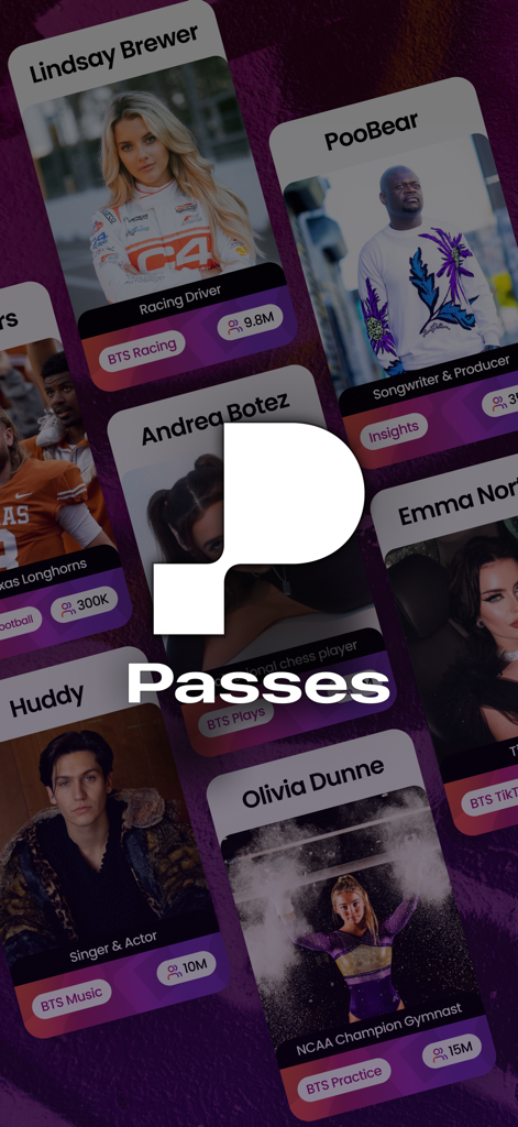 Passes - Passes app logo displayed over cards of famous creators and influencers