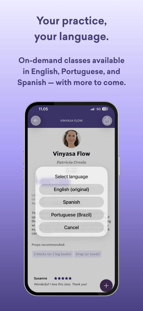 Yogaia app interface showing language selection for a yoga class