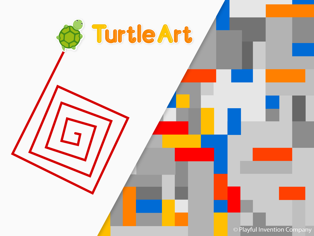 TurtleArt app logo with a green turtle drawing a red geometric spiral next to colorful abstract blocks