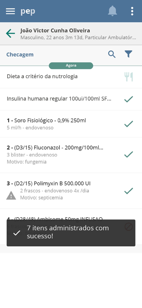 SOULMV PEP - A clinical mobile interface showing a patient medication checklist with a confirmation message for seven successfully administered items.