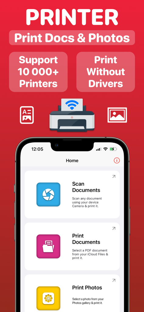 Air Printer: Scan & Print PDF - Air Printer mobile app interface showing options to scan and print documents and photos