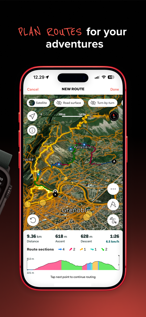 Sports Tracker: Run Bike Hike - Sports Tracker App-Oberfläche zeigt die Routenplanungsfunktion mit einer Satellitenkarte Heatmap und einem Höhenprofil für Outdoor-Sportarten.