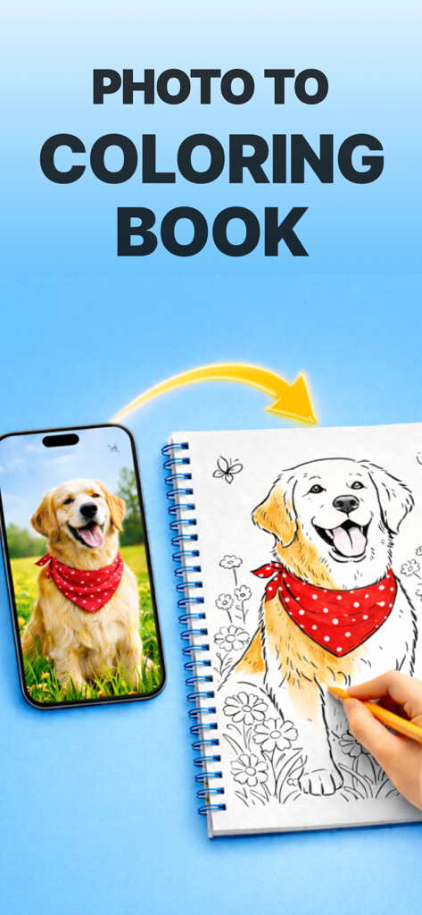 Coloring Book Ai - ColorFilla - A smartphone photo of a dog being transformed into a line art coloring book page in a notebook