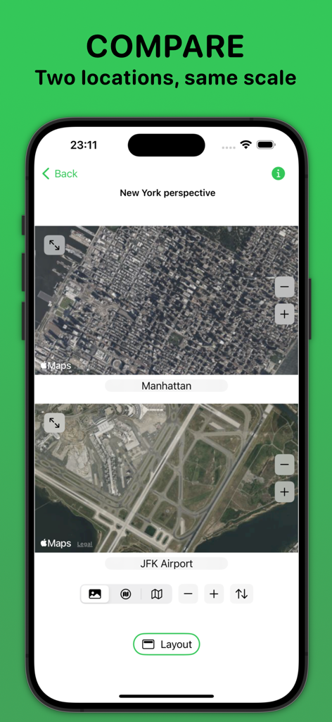 MapScale app interface comparing aerial views of Manhattan and JFK Airport at the same scale.