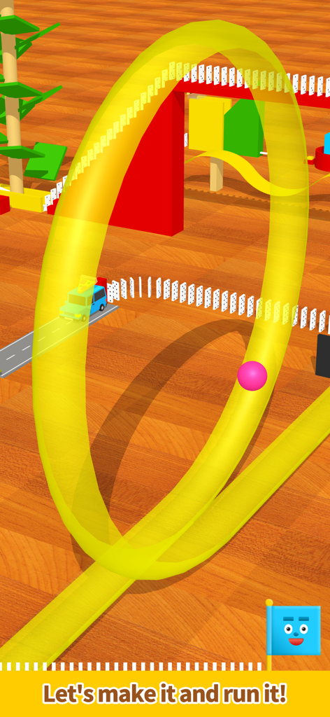 Pocket Marble Runs - 子供向けのカラフルなビルディングゲームで、黄色いループコースを移動するピンクのマーブル。