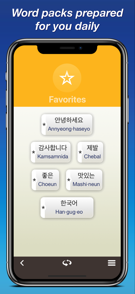 Korean by Nemo - Interface do aplicativo Korean by Nemo mostrando a tela de favoritos com frases essenciais diárias em coreano e pronúncias fonéticas.