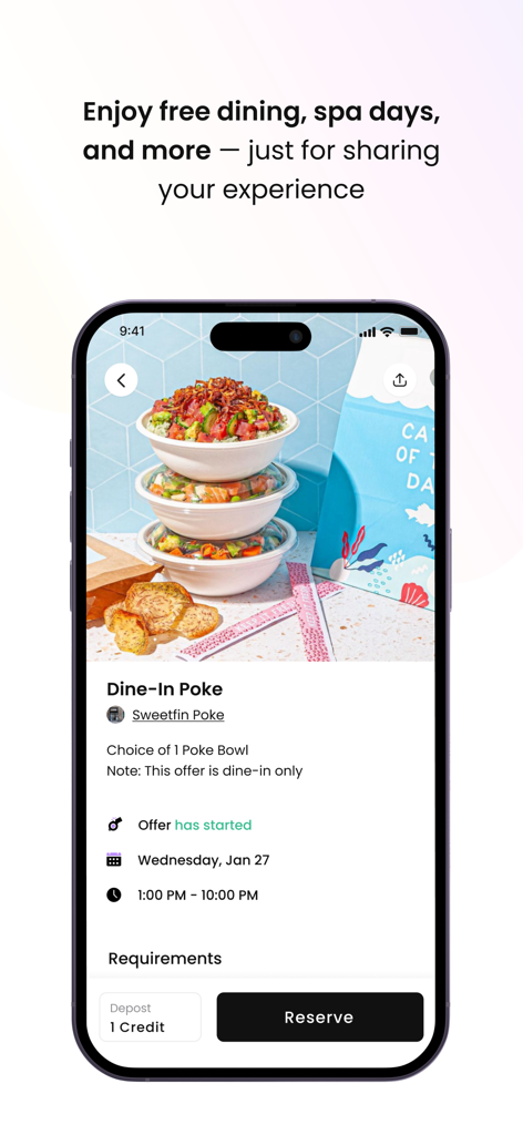 Beautypass - Beautypass app interface showing a free poke bowl dining offer for influencers and creators