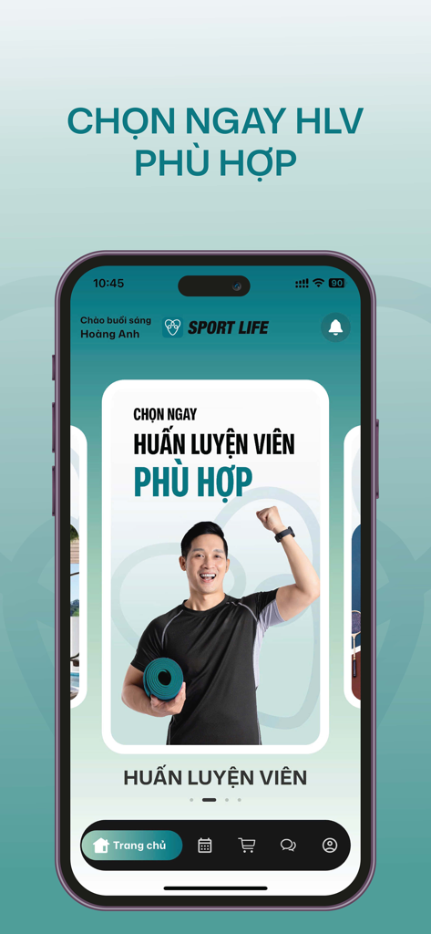 Sport Life - Interfaz de la aplicación móvil Sport Life que muestra a un entrenador personal masculino con una esterilla de yoga y un cartel para elegir entrenador.