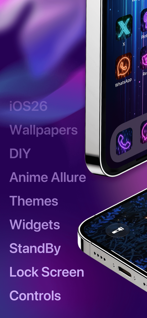 Themerella: Wallpaper & Widget - Themerella app interface showing custom iPhone wallpapers, widgets, and themes
