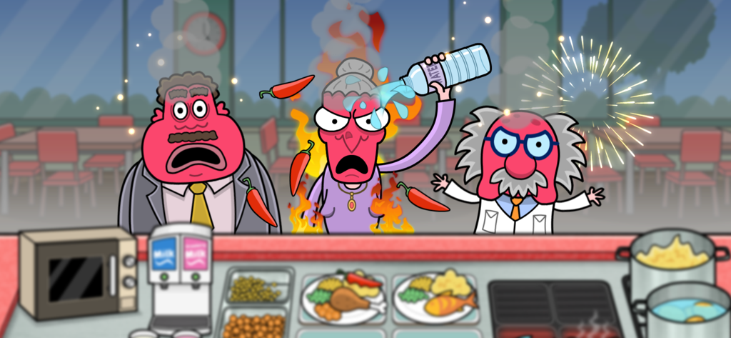 Feed the School! Cooking Chaos - Three school teachers with red faces reacting to spicy chili pranks in the cafeteria