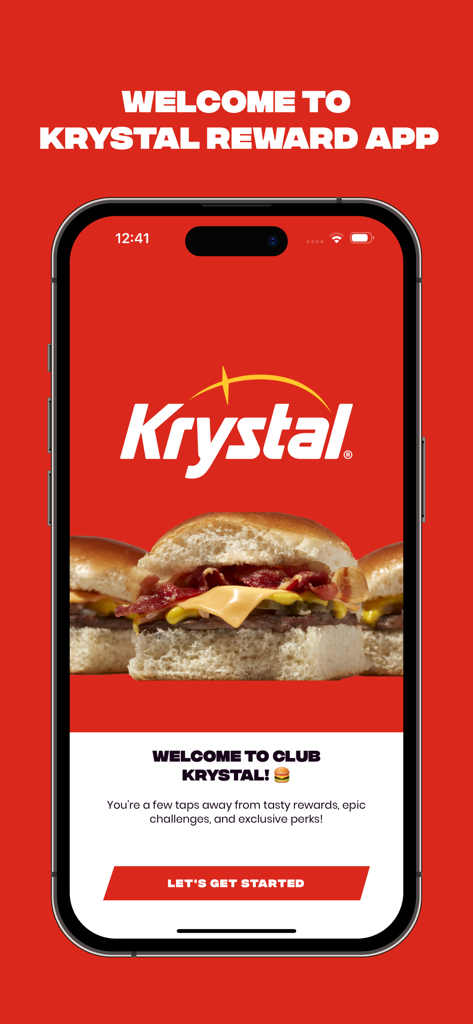 Krystal - Welcome screen for the Krystal loyalty rewards app featuring signature slider burgers