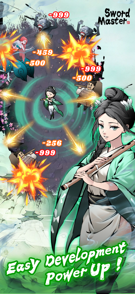 Sword Master-Wuxia Roguelike - Capture d'écran du gameplay de Sword Master Wuxia Roguelike montrant un personnage féminin avec une flûte et une action de combat avec des nombres de dégâts et le texte Easy Development Power UP