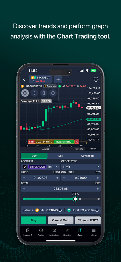Vector Nelogica - Professional cryptocurrency trading terminal showing BTC USDT candlestick chart and advanced order options on a mobile device