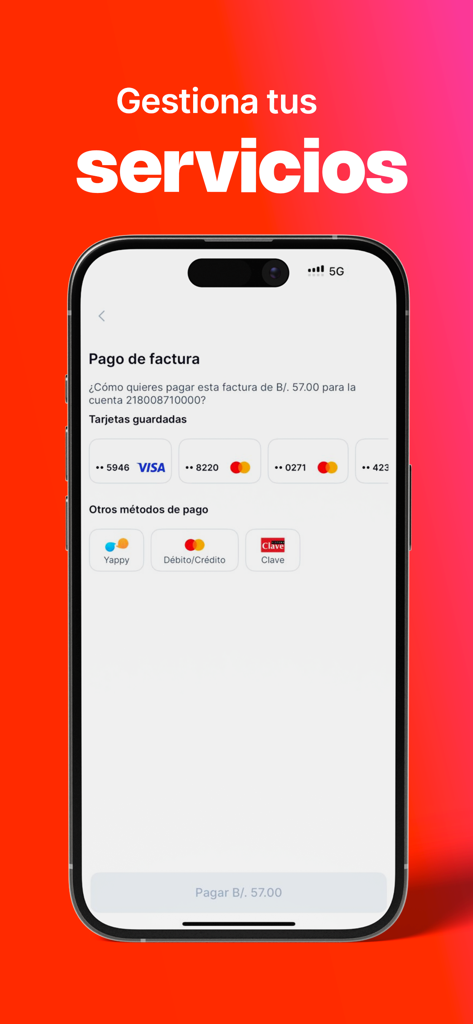 Mi Mas - Mobile interface of the Mi Mas app showing the bill payment screen with saved credit cards and local payment methods like Yappy and Clave.