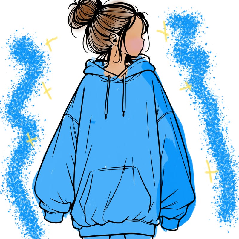realistic girl with a oversized sweatshirt on and a bun