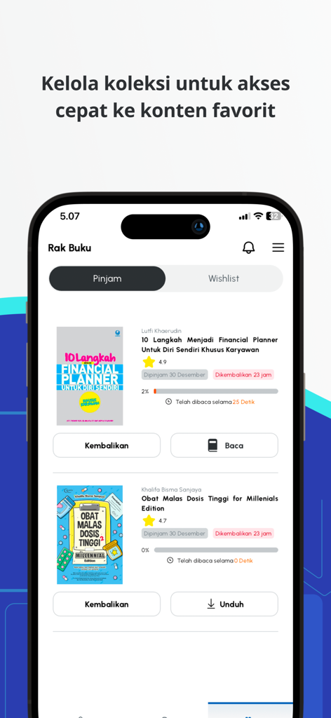 DiLA Digital Library - Interface of DiLA Digital Library app showing a personal collection of borrowed Indonesian books on a digital bookshelf.