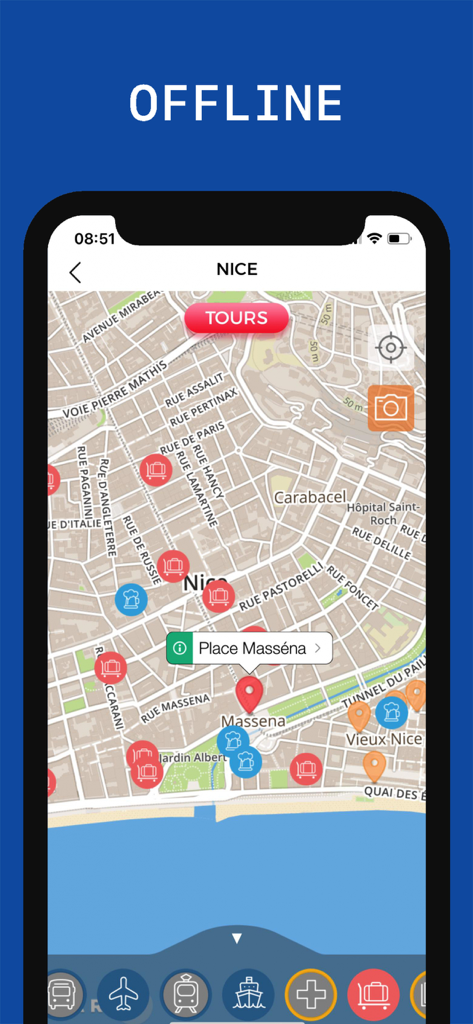관광 명소와 마세나 광장이 표시된 프랑스 니스 오프라인 지도