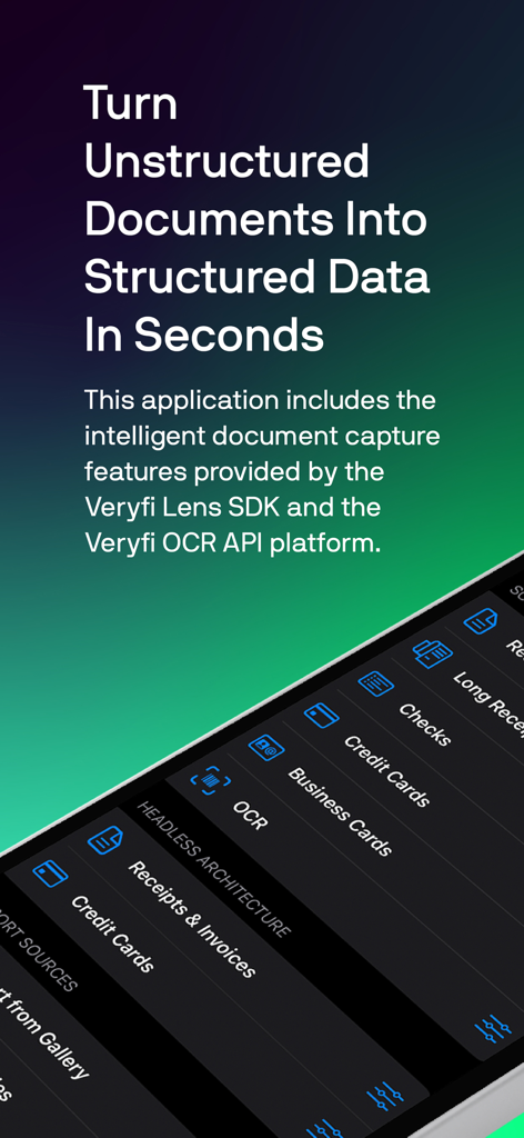 Veryfi Lens app interface showing document capture categories like receipts and credit cards for structured data extraction